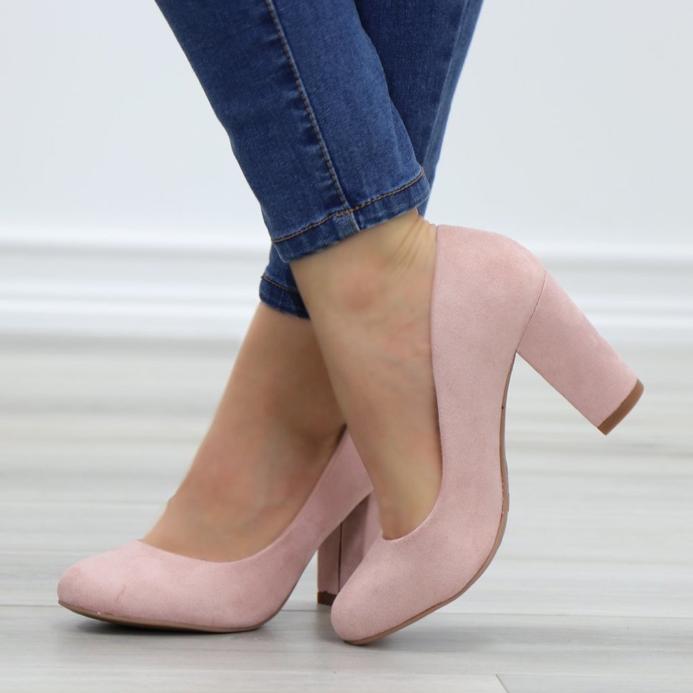 Rose Faux Suede Slip On Block High Heel Pumps - Picture 2 of 10